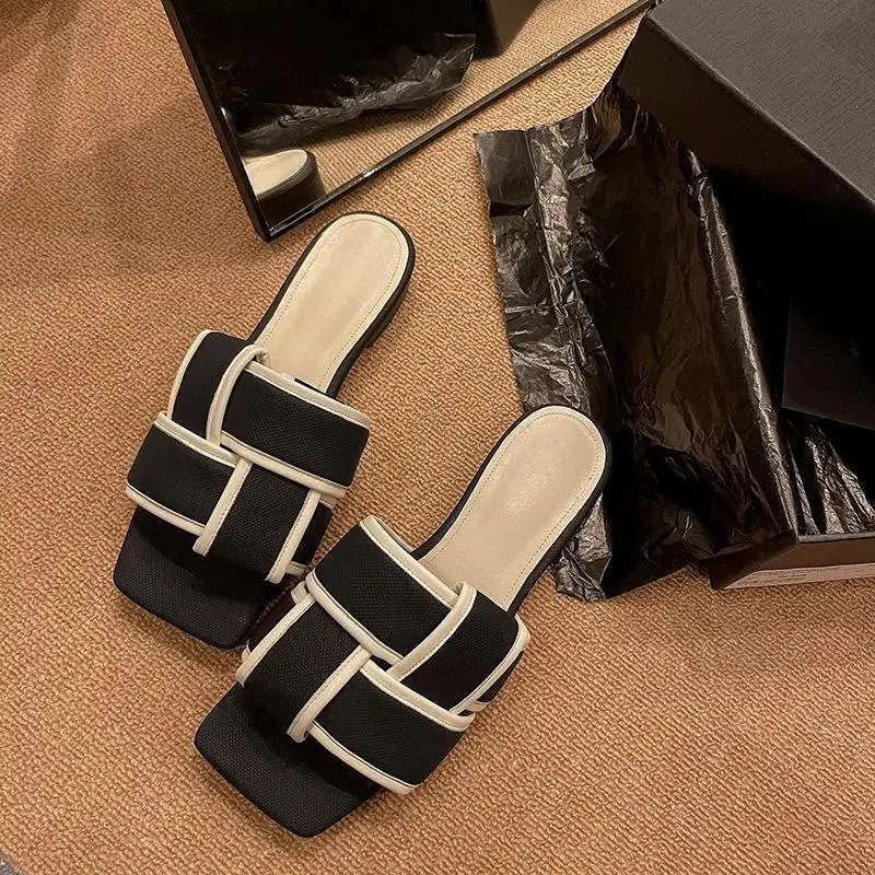 French square toe woven sheepskin slippers with flat bottoms and mesh red slippers for women's summer new external wear sandals