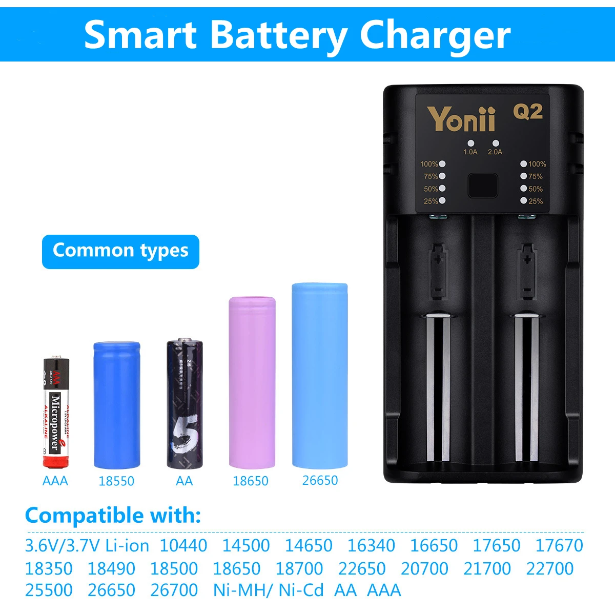 

Зарядное устройство YONII Q2 с USB-портами, 3,7-4,2 в, Li-Ion для 18650/21700/26650/20350/18350 NiMH AAA