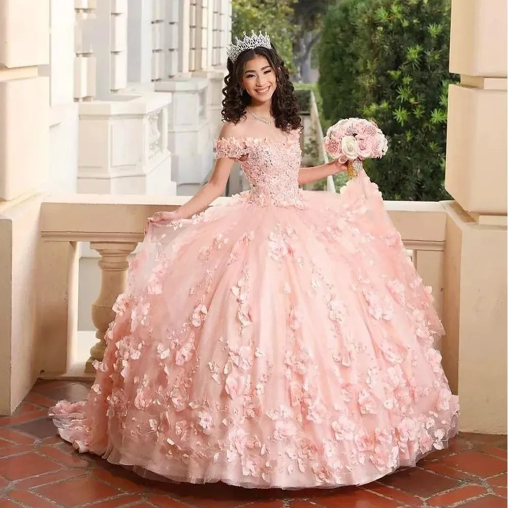 

Pink Quinceanera Dresses Sweetheart Ball Gown Vestidos De 15 Anos Fashion 3D Flower Tulle Sweet 16 Princess Party Gown