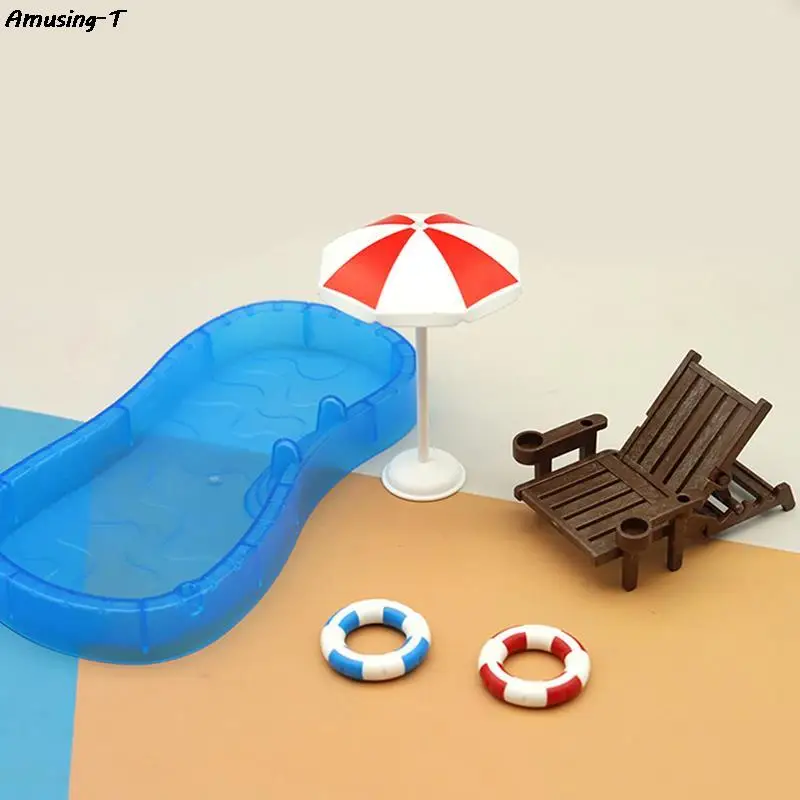 

Dollhouse Miniature Pool Scene Ornament Mini Beach Chair Parasol Swimming Pool Model Doll House Accessories