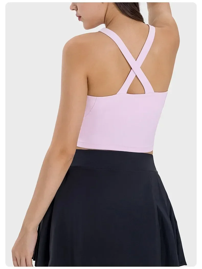 Lemon Tight Fit Cross Strap Tank Top Buttery-soft Four-way Stretch Weightless Strappy Neckline Sports Bra With Removeable Cups