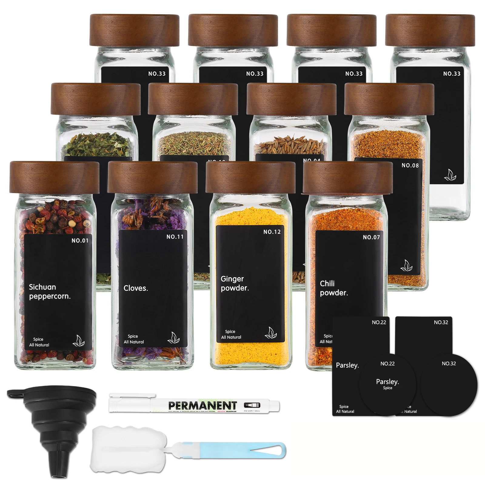 6/12/24 Spice Jar with Lid and Label (Acacia Wood Cover)-Square Spice Jar-Kitchen with Pen, Funnel, Brush and Black Label for Storage Organizing It&rsquo;S Ideal Choice for Herbal Spices Condimen