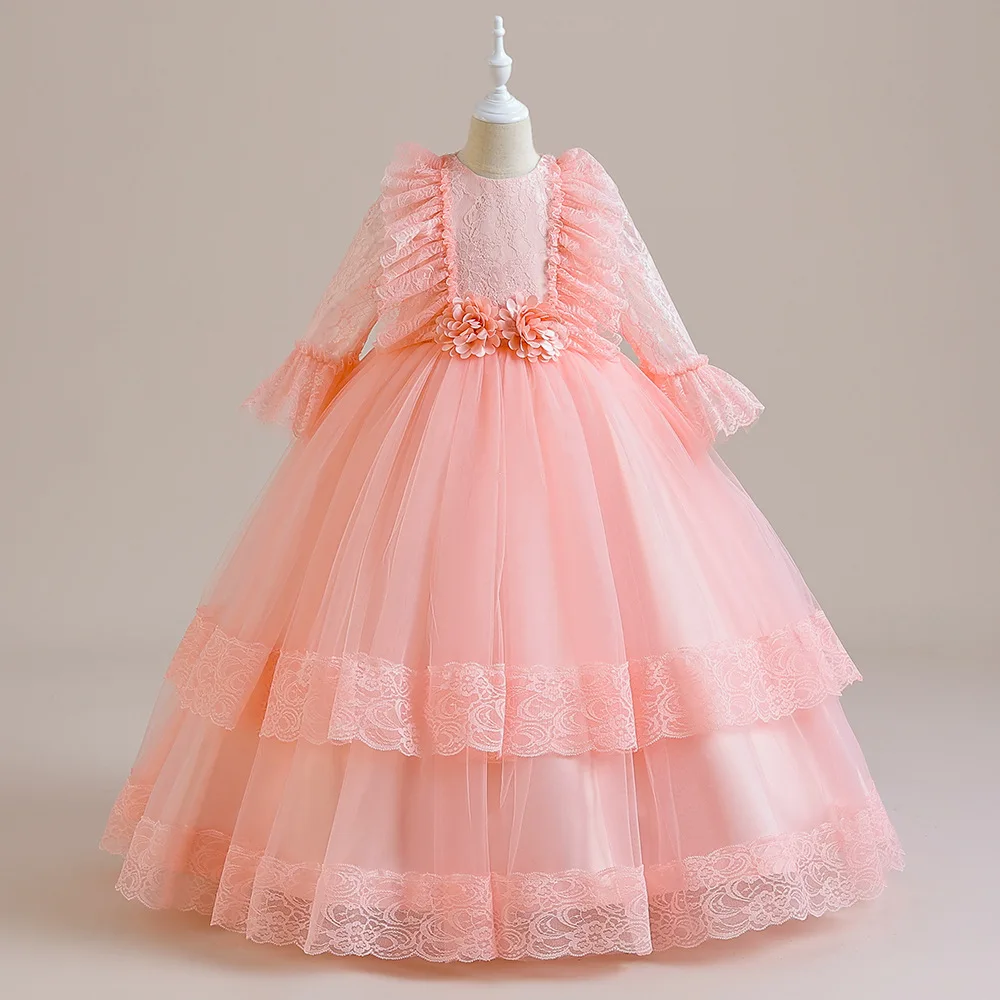 

Ballgown Lace Flower Girl Dresses for Wedding Floor Length Pageant Party Gowns Long Sleeves First Communion Gowns