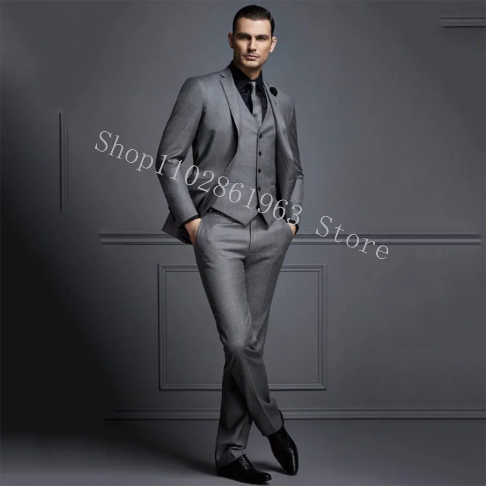 Gray Suits for Men Slim Fit 3 Pieces Male Suits Formal Business Groom Wear Wedding Tuxedos Blazer+Vest+Pants Costume Homme