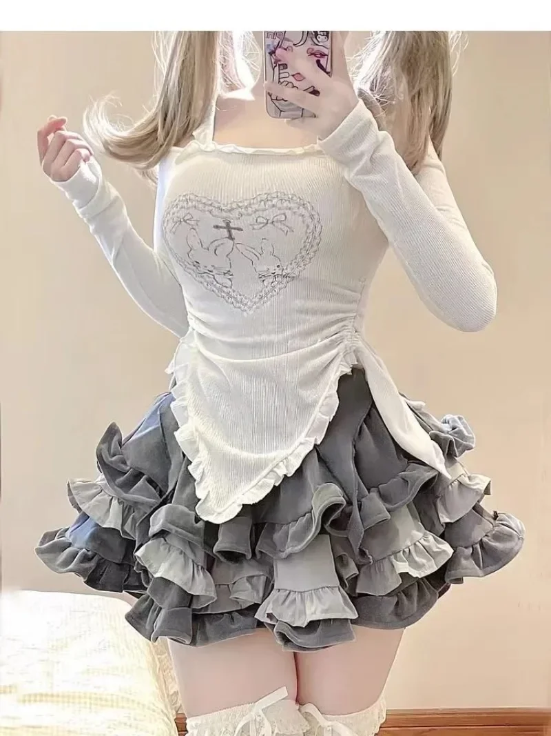 Conjunto De Verano 2 Piezas Para Mujer - Top Y Falda Y2K, Estilo Un Hombro Sin Espalda, Poliéster