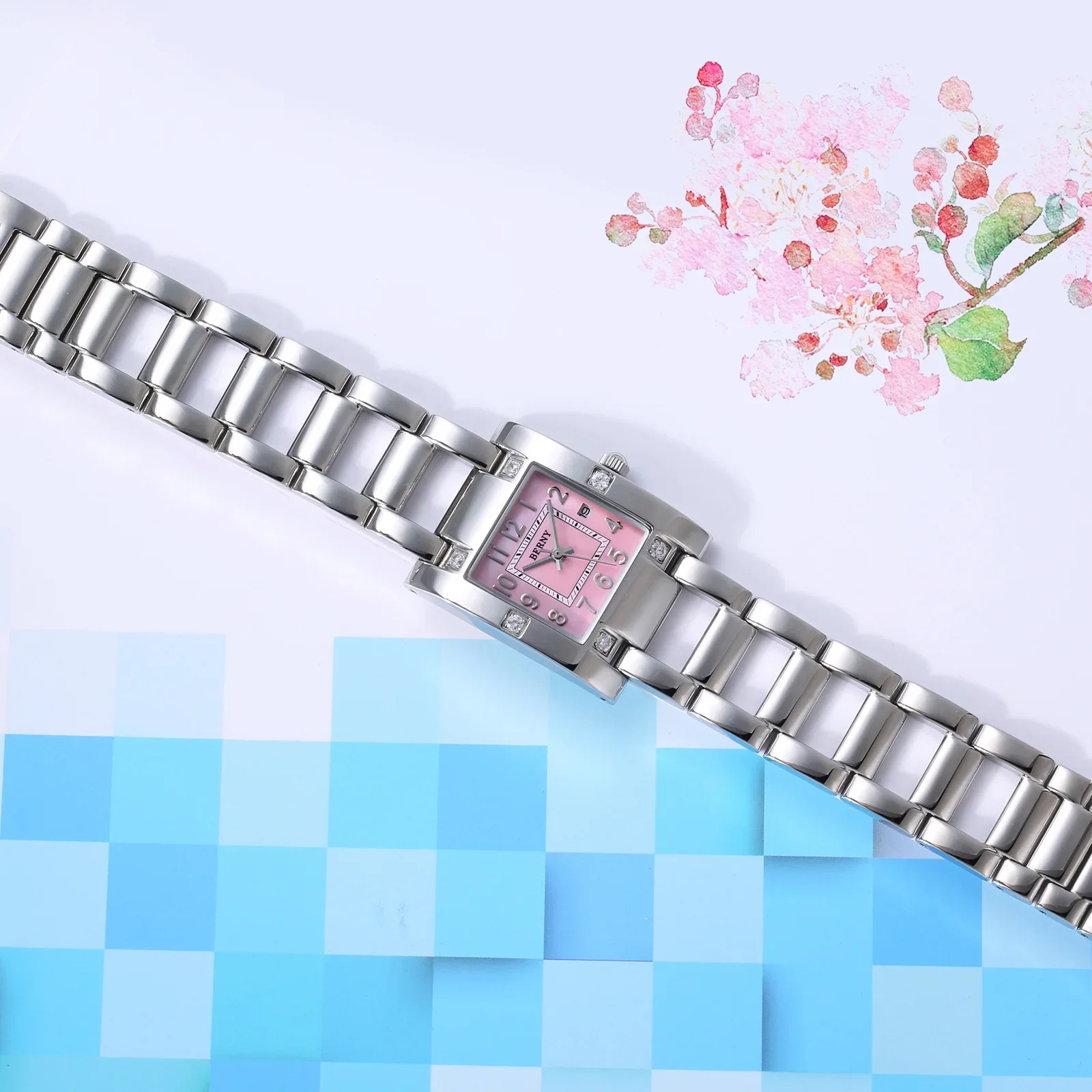BERNY Quartz Watch for Women Calendar Fashion Casual Easy Read Stainless Steel Waterproof Ladies Square Wristwatch Elegant