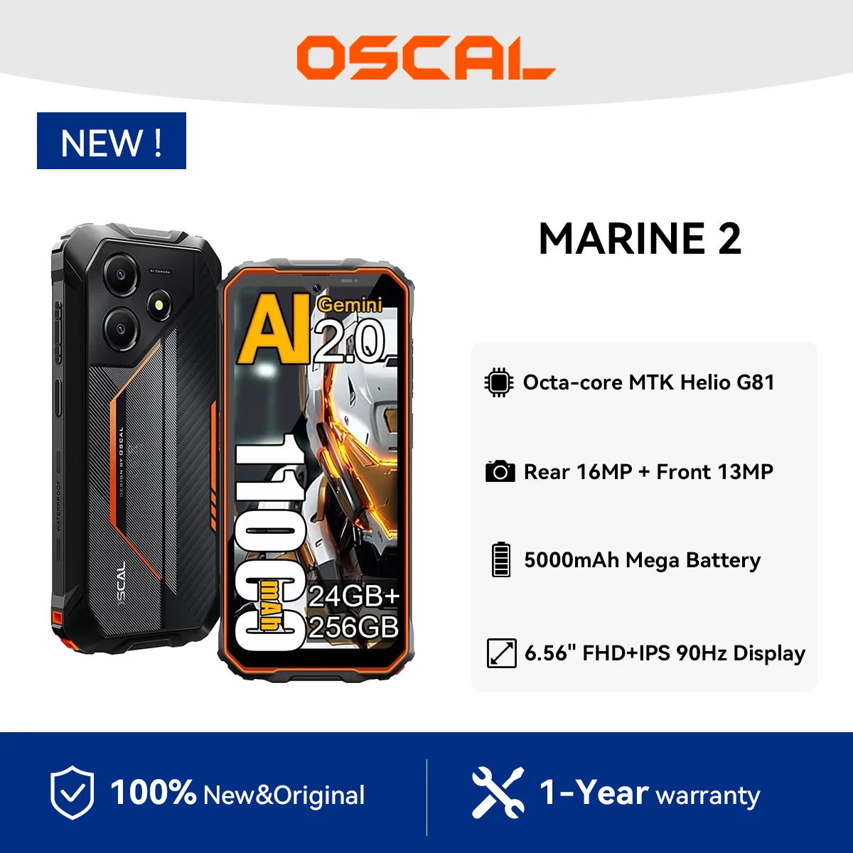 OSCAL Marine 2 Rugged Phone 11000mAh, 6.56'' HD+ Display Unisoc