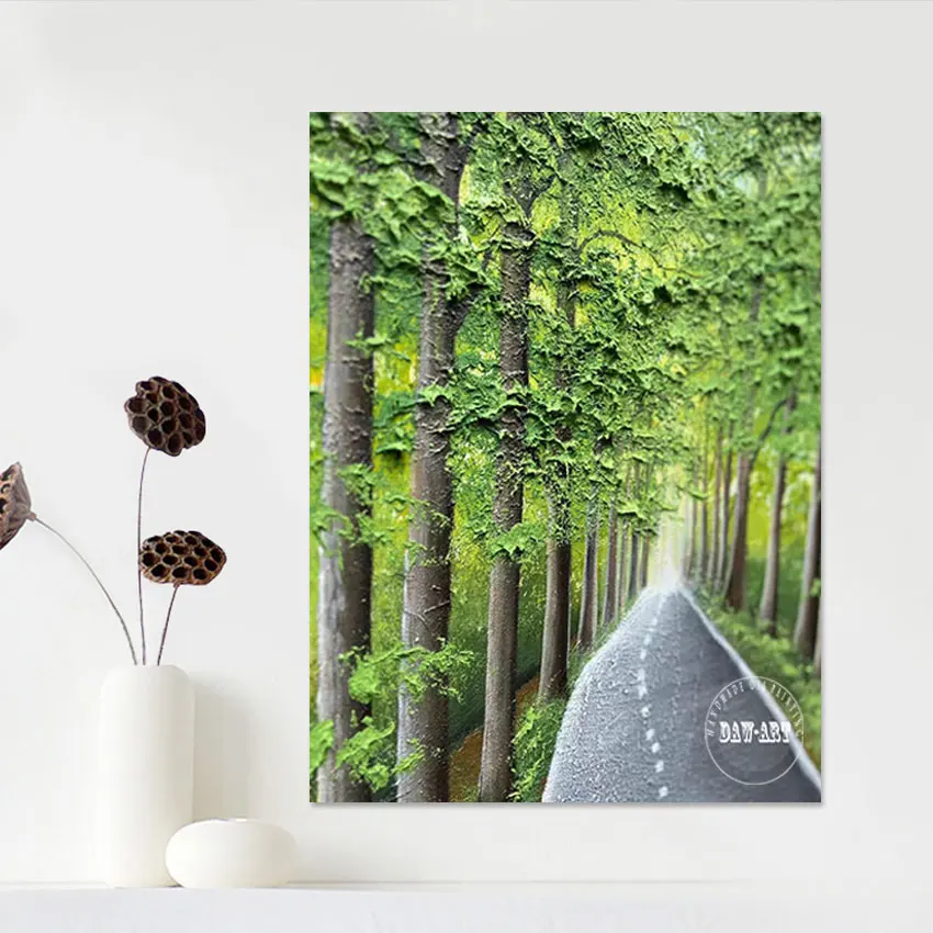 

Abstract Green Acrylic Textured Landscape Wall Art Canvas Picture Frameless 3d Roadside Tree Natural Scenery Oil Painting