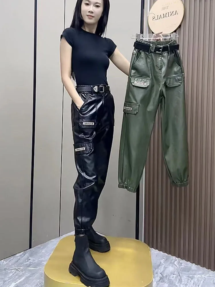 Women's Cargo Leather Pants Fall Winter New Classic Dark Department Fashion Trend Pocket Decoration Loose Oversized Pants 4XL