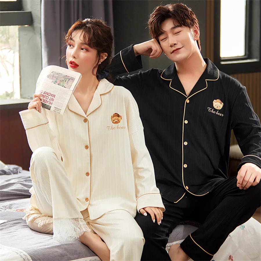 Autumn Winter Couple Pajamas Set Men Long Sleeve Tops and Pants Home Clothes Women Casual Sleepwear 2 Piece Loungewear