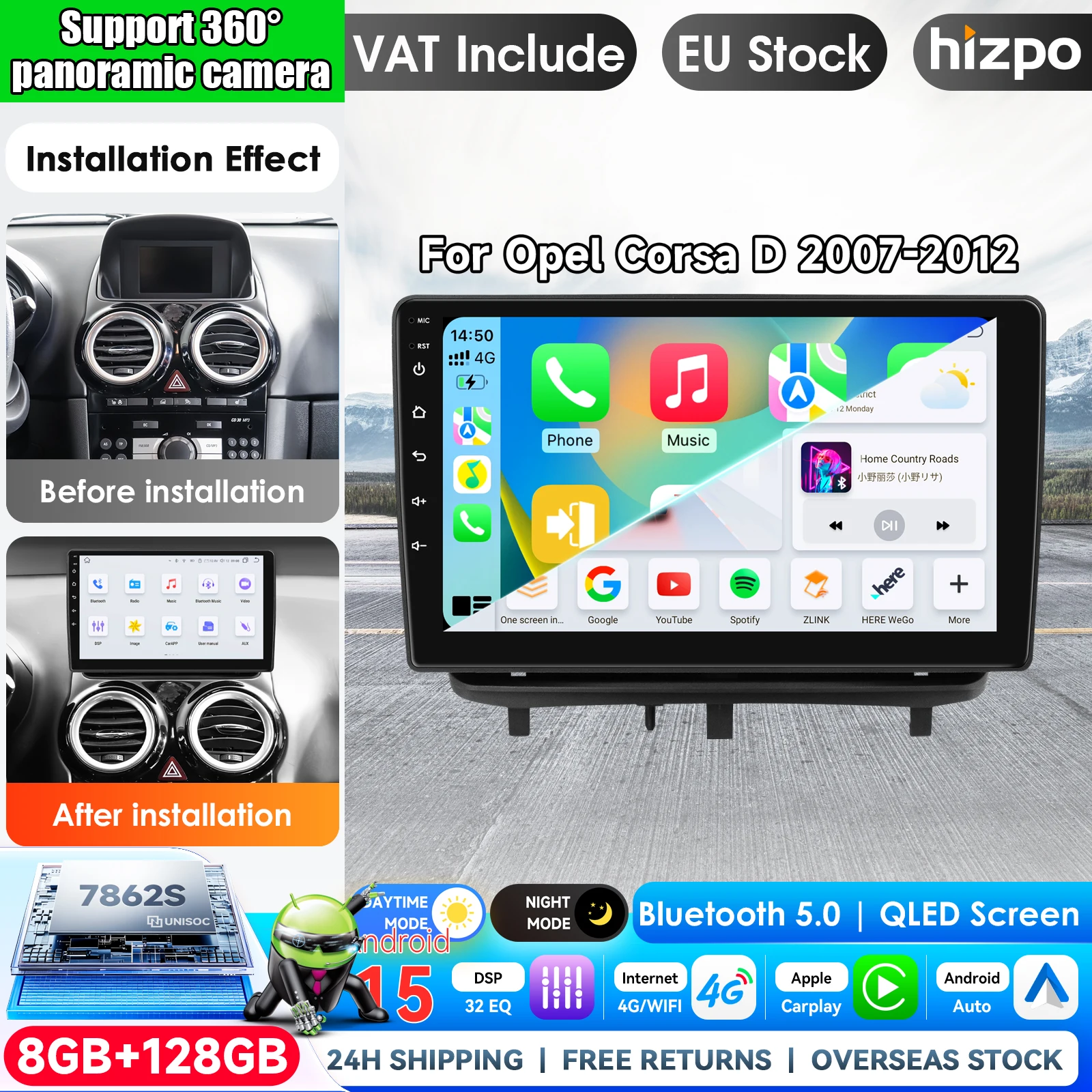 Radio para coche Hizpo de 9 pulgadas para OPEL CORSA D 2007 - 2012, reproductor multimedia de vídeo Android con Carplay inalámbrico, radio 2 DIN, autorradio, GPS, estéreo, sistemas inteligentes, pantalla táctil IPS, unidad principal, navegación, BT, GPS, 4G, WIFI, FM, AM, DSP, RDS, SWC, Mirror Link, DAB+, DVR 1