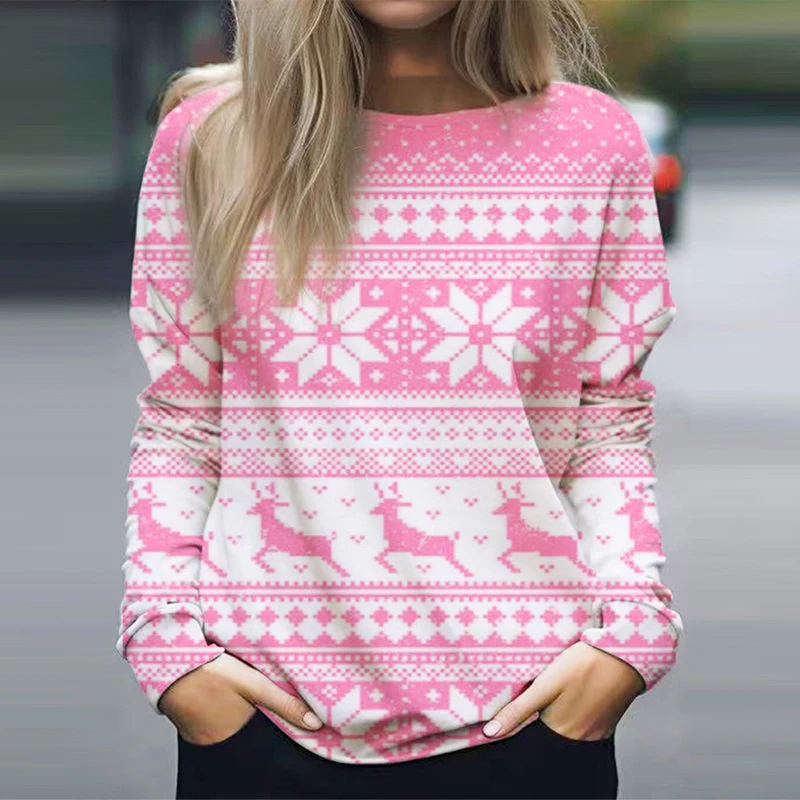 

Theme Christmas Tops For Women Temperament Snowflake Print Pullover Shirts Female Casual Long Sleeve Round Neck Blouse Vestidos