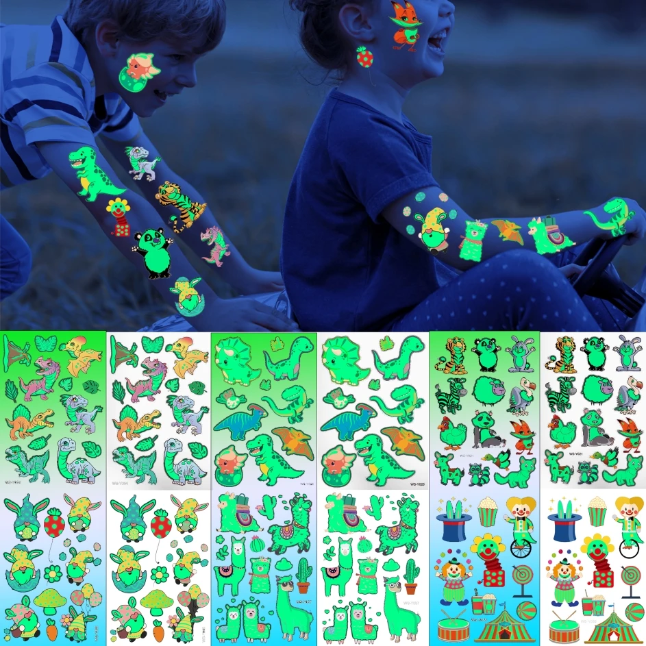 

Zoo Dinosaur Glow In The Dark Temporary Tattoos For Boys Kids Teens Fake Luminous Animal Cartoon Glowing Flash Tattoo Stickers