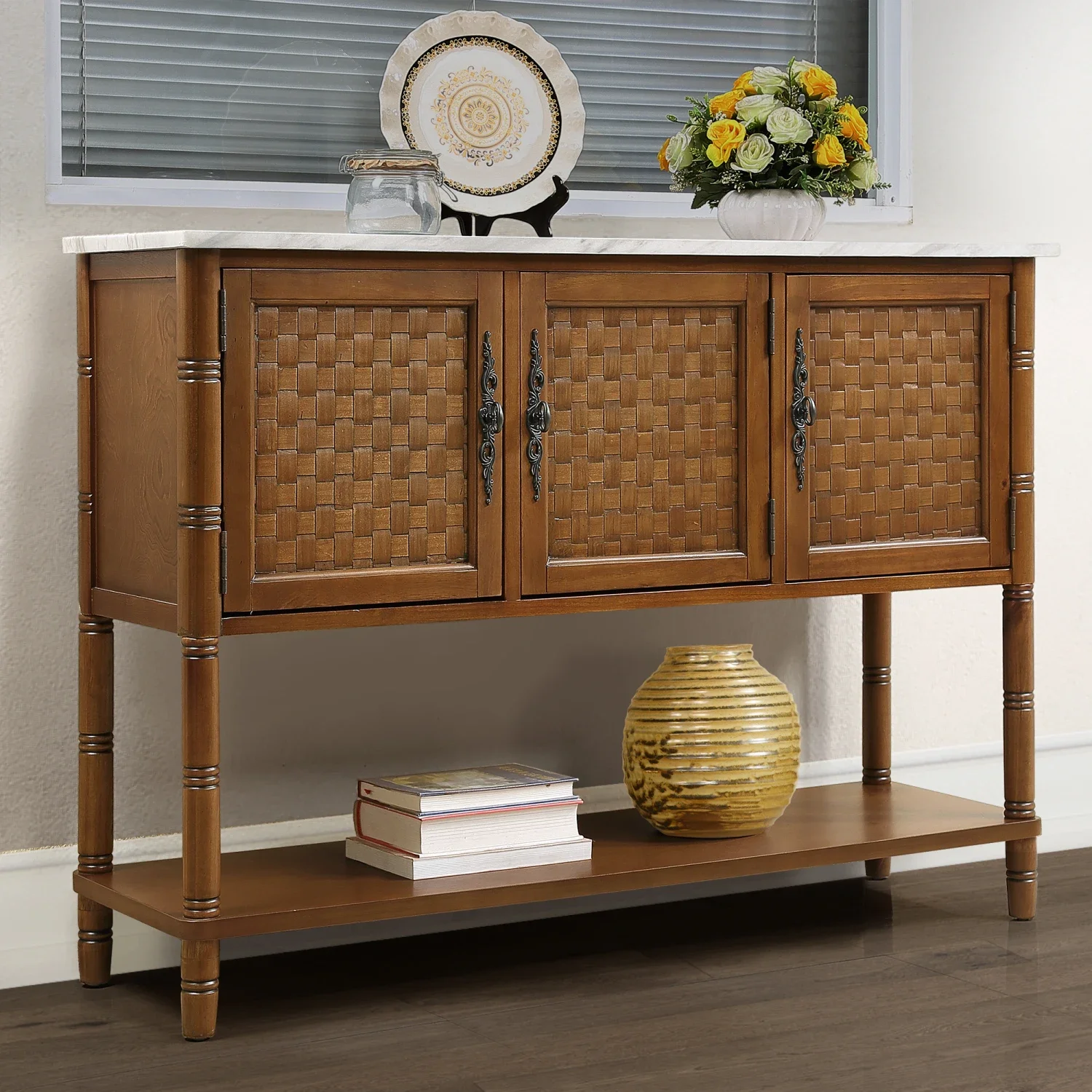 

Modern and Rustic 47'' Entryway Table with Artificial Stone Look Tabletop, Farmhouse Console Table with Storage and Open Shelf f