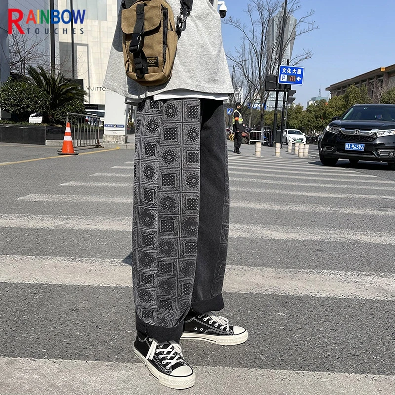 Rainbowtouches Bandana Paisley Pants Mens High Street Color Matching Full Print Straight Hip Hop Retro Legged Casual Pant Unisex