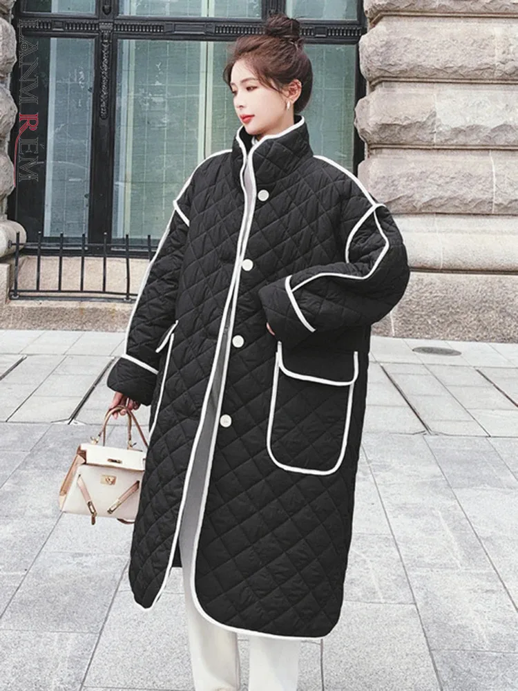 

LANMREM Korean Style Long Down Coat Women Stand Collar Pockets Contrast Color Loose Clothing Fashion 2023 Winter New 2AA3723