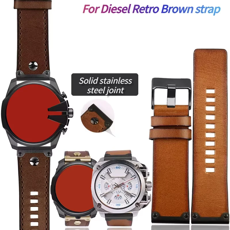 Vintage Brown Leather Watch Strap, 26mm Retro Men's Bracelet
