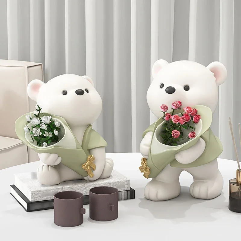 북유럽 곰 인형 송진 조각상 꽃다발 꽃꽂이, 거실 베란다 장식 장식품, 책상 꽃병 인형, 홈 데코