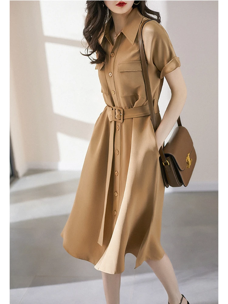 

Fashion Elegant Shirt Dress Women Summer New High Waist Polo Collar Short Sleeve Long Dresses with Belt