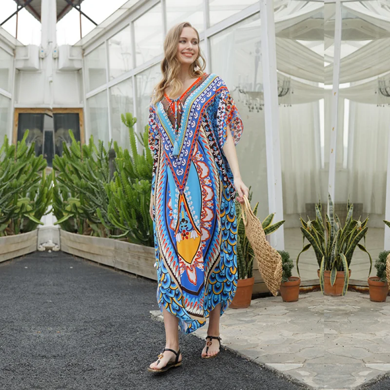 Quick-drying Fabric Sexy Bikini Cover-ups  Long Cardigan Printing Tunic Casual  Elegant Women Clothes Beach Wear Swim Suit Cover