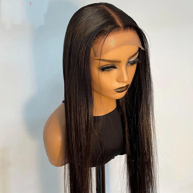 

Preplucked Soft 180%Density 26Inch Natural Black Silky Straight Long Natural Hairline Glueless Lace Front Wig For Women Babyhair