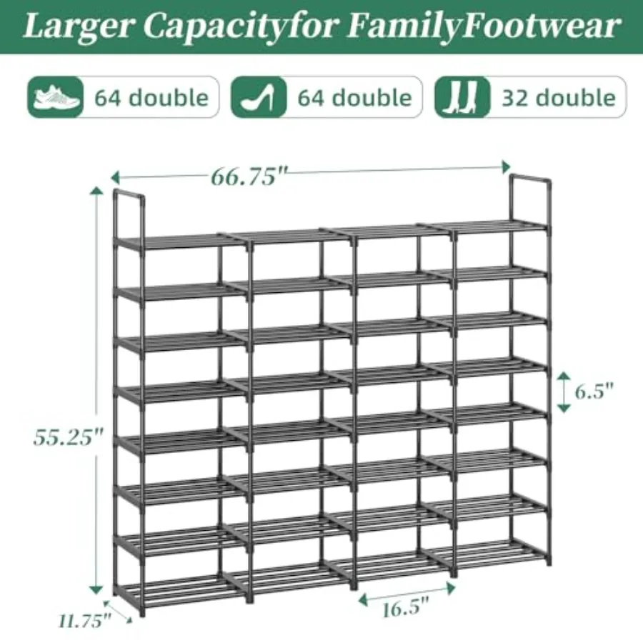 8Tier Shoe Rack Large Capacity 64 Pairs Tall Shoe Shelf Sturdy Metal Shoe Organizer for Entryway Closet Bedroom Black