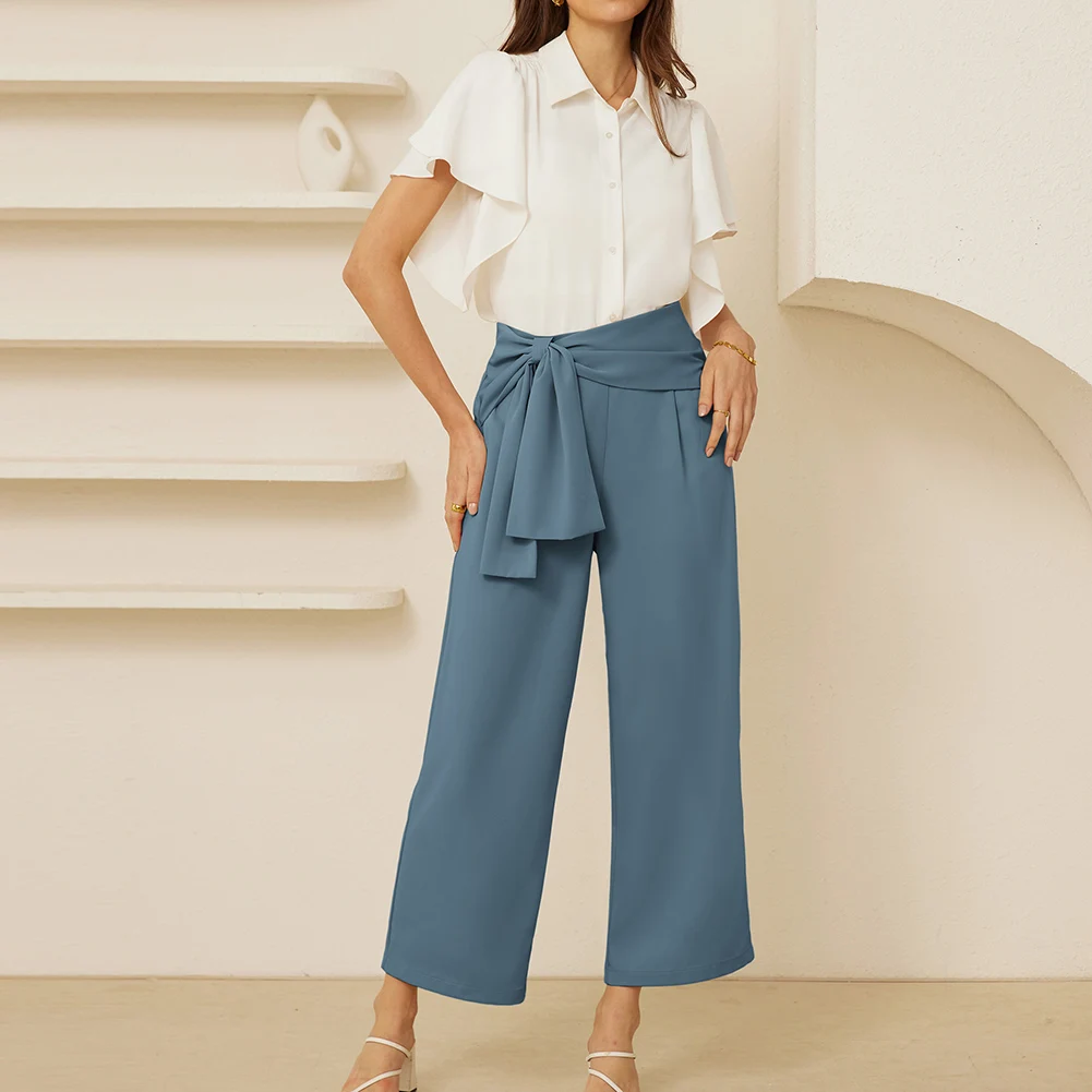 GK Women Straight Leg Capri Pants OL Elastic Waist With Overlay Decorated Zip-up Fashion Ankle Length Pants Casual Streetwear