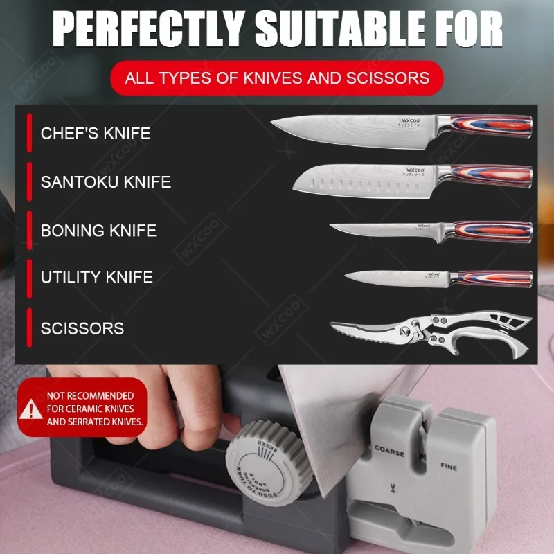 WXCOO 3단계 다기능 칼갈이 (칼과 가위용) 휴대용 칼갈이 도구 공간 절약형 디자인