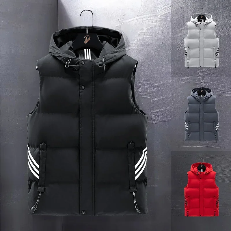 Down Cotton Vest Mens Warm Leisure Simple Warm Windproof Hood Vest Male Korean-Style All-Match Sports Waistcoat Men Vest