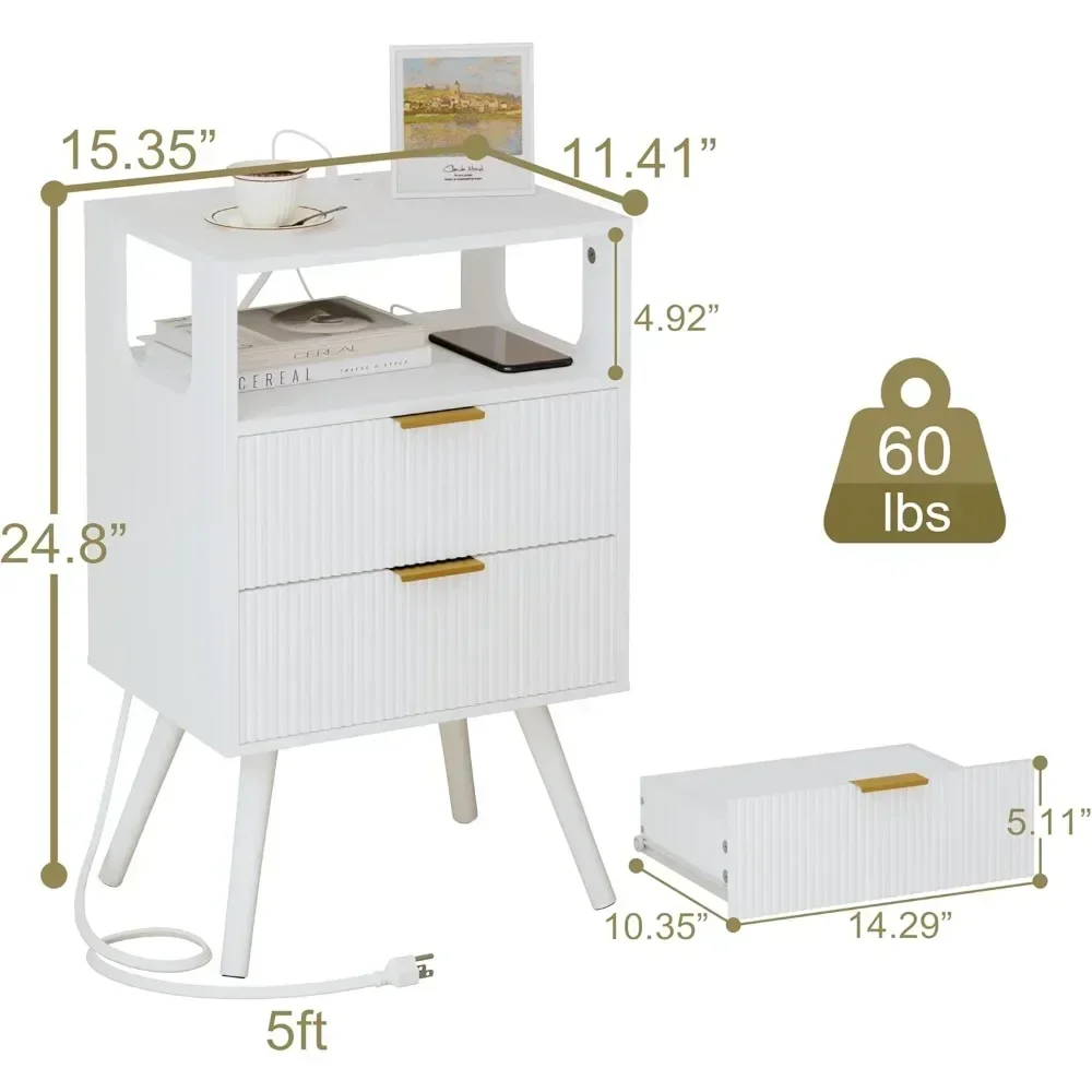 White Nightstand with Charging Station and LED Lights,Modern Bedside Table with 2 Storage Drawer and Open Wood Shelf, for Bedroo