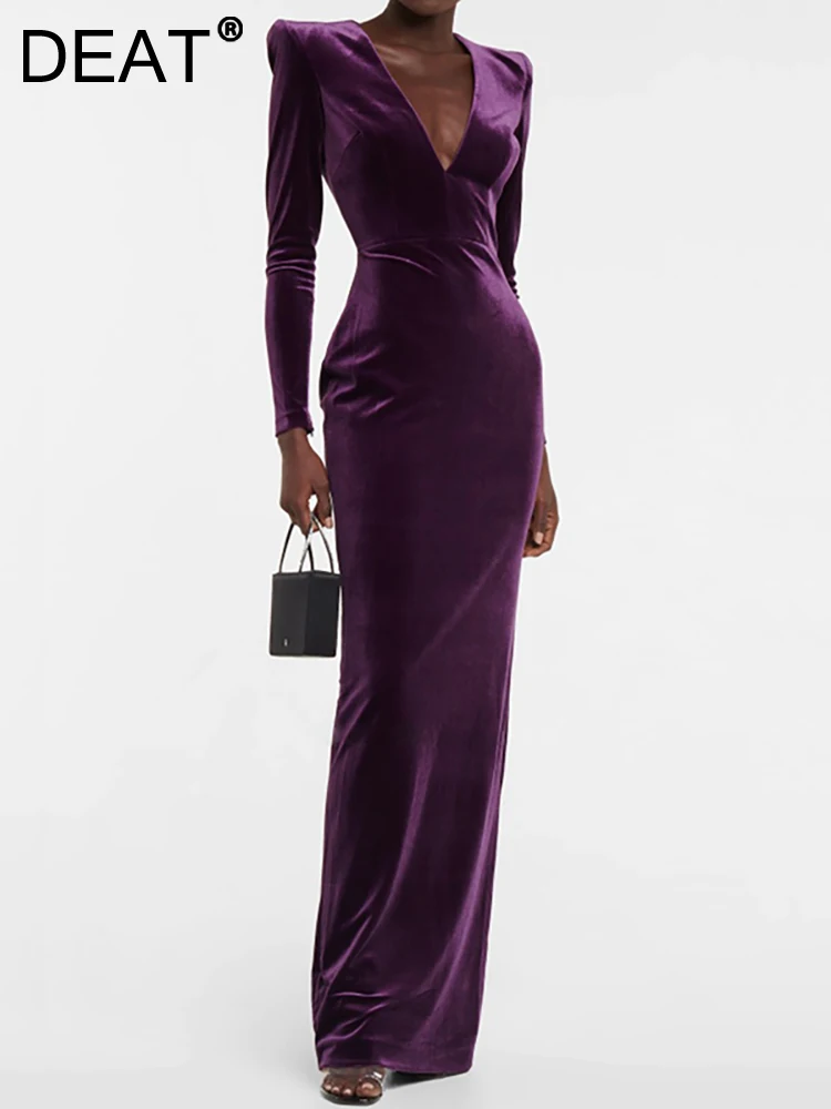 

DEAT Women's Fashion Evening Dress Deep V-neck Long Sleeve Velvet High Waist Slim Split Party Dresses Autumn 2024 New 13DB3244