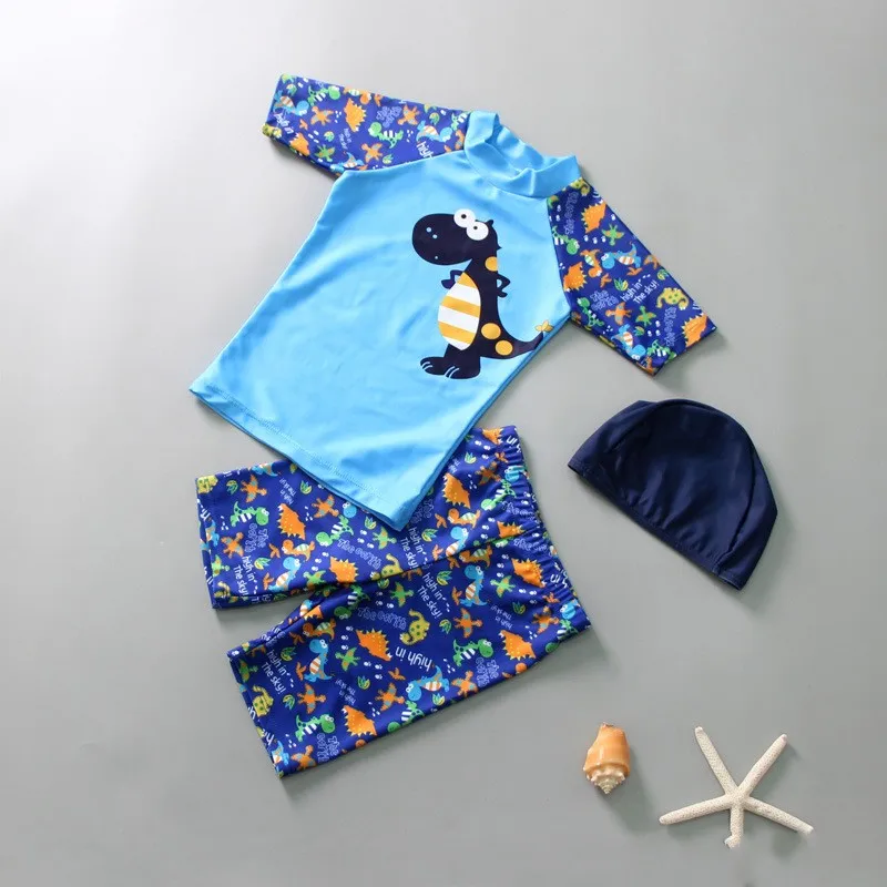 Bañador de 3 piezas para niños, traje de baño con gorro de manga corta y pantalones, ropa de playa