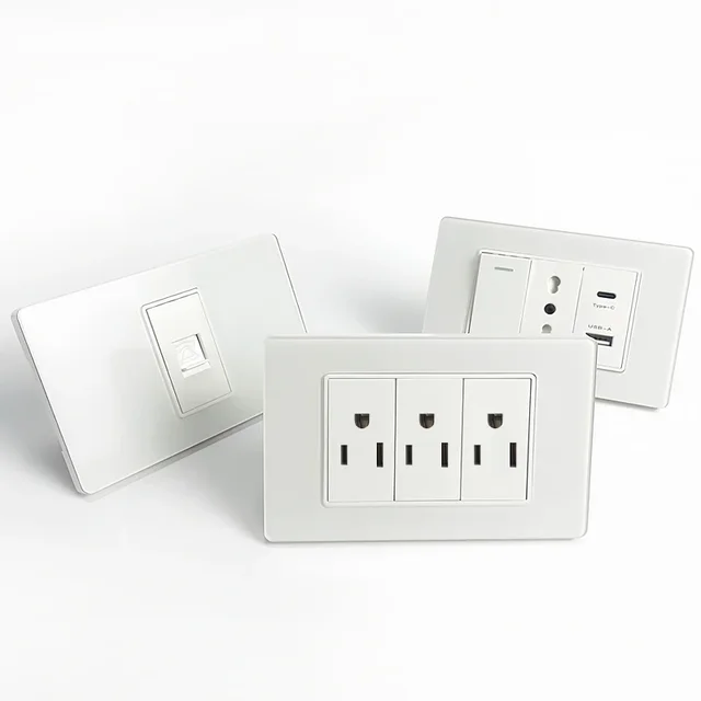 T&I Elegant 118 เต้ารับสวิตช์ผนัง มาตรฐานสหรัฐฯ เครื่องชาร์จ USB พร้อม Type-C การออกแบบแผงกระจก 5