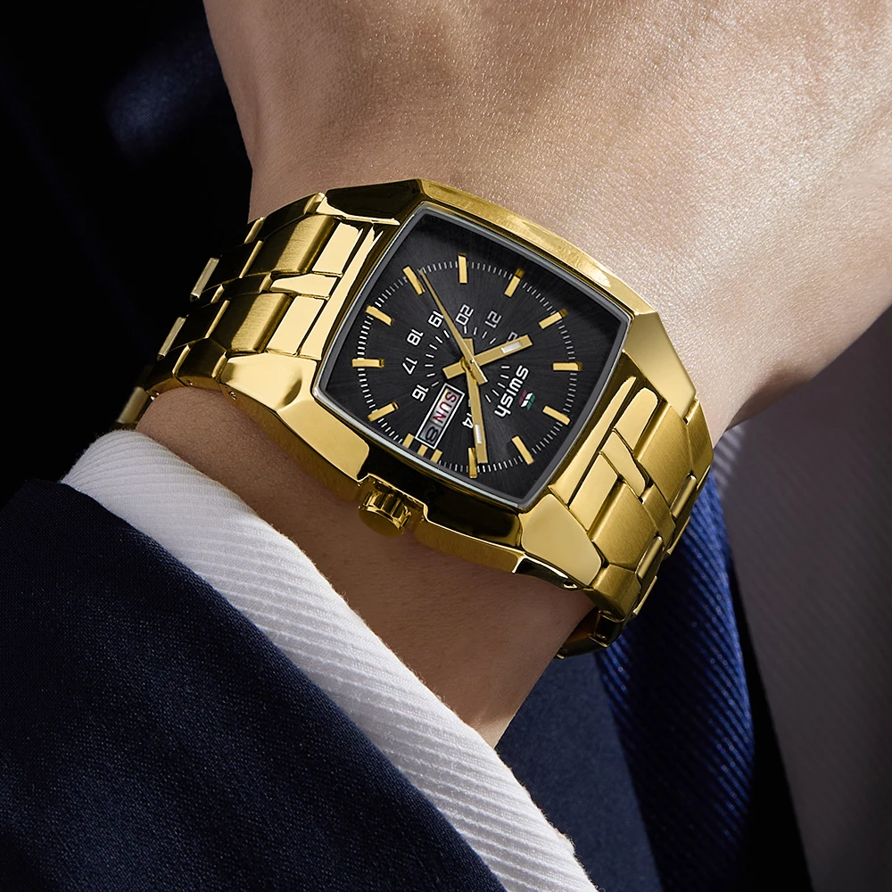 SWISH Square Luxury Watch for Men Quartz Movement Gold Dial Weekday Date Relogio Masculino Business Wristwatch Waterproof Luxury
