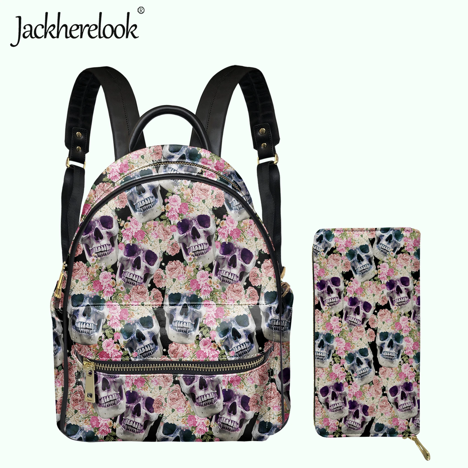 

Jackherelook Gothic Floral Skull Pattern Women PU Leather School Bag 2022 Teen Girls Backpack Set with Wallet Campus Schoolbag