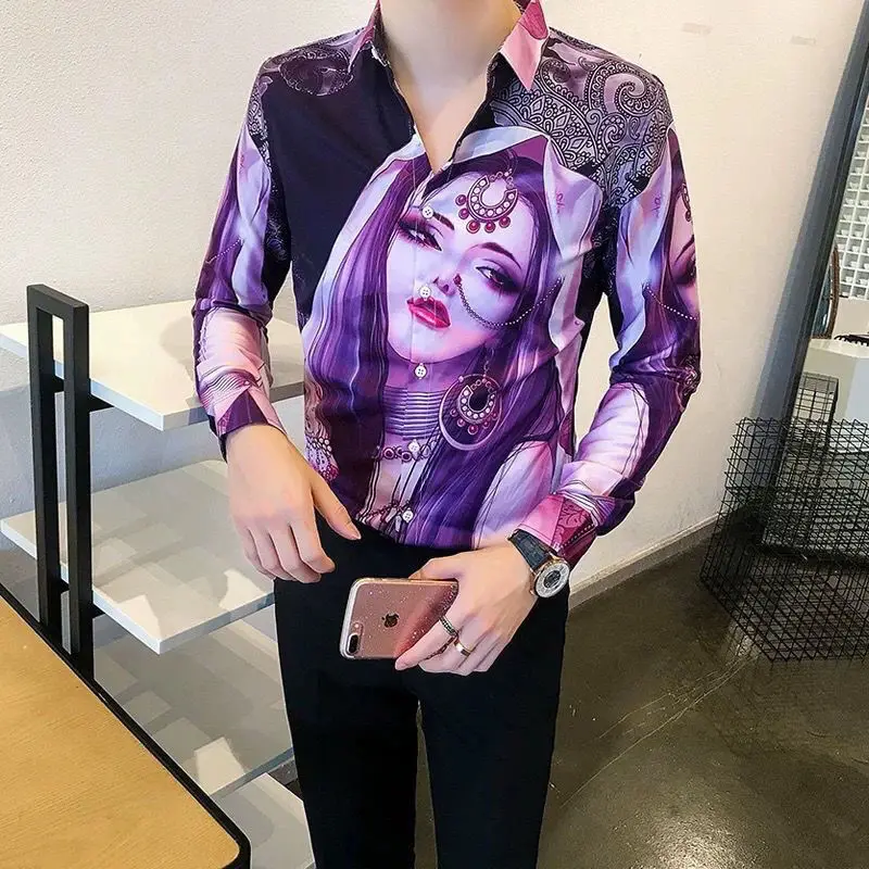 

KPOP Fashion Style Harajuku Slim Fit Tops Loose Casual All Match Shirt Korean Style Printed Pointed Collar Long Sleeve Blusa