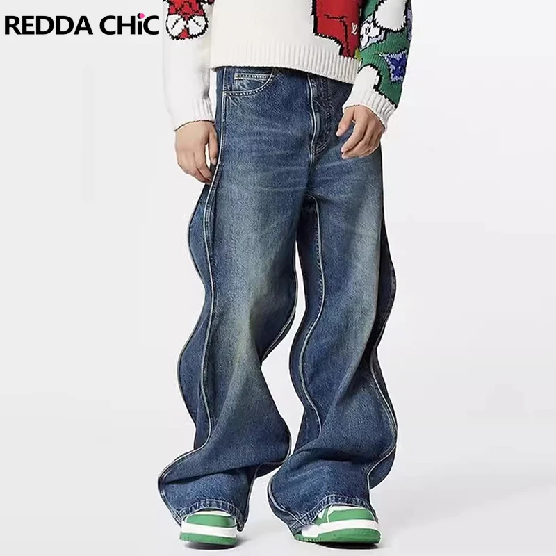 

Джинсы REDDACHIC мужские мешковатые в стиле ретро, Лоскутные Повседневные широкие брюки с принтом в виде витых швов, модная уличная одежда в двух стилях