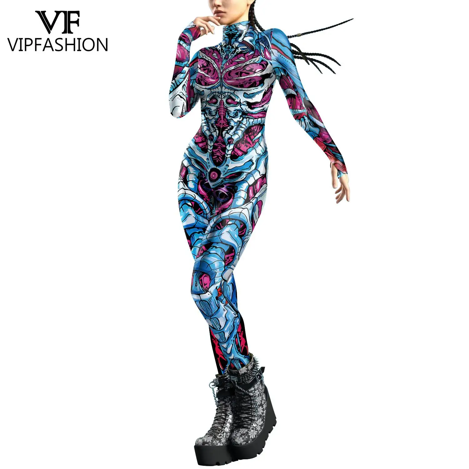 

VIP FASHION Halloween Cosplay Costume Carnival Party Hooded Zentai Catsuit 3D Digital Printing Women Outfits Bodysuit