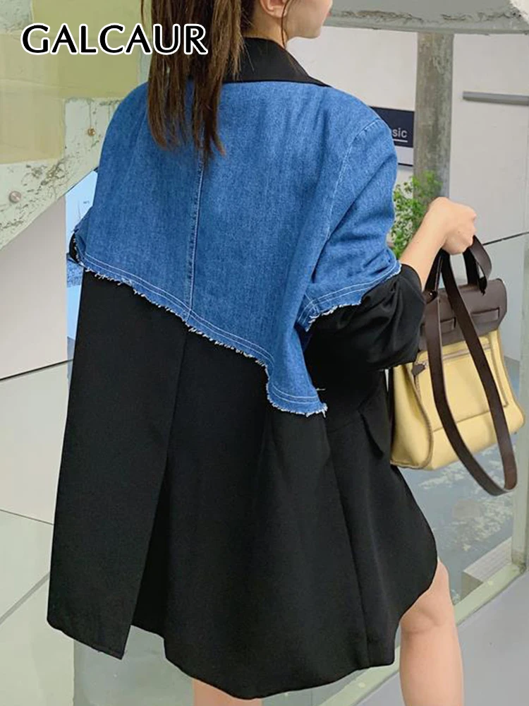 

GALCAUR Hit Color Patchwork Denim Blazers For Women Notched Collar Long Sleeve Single Breasted Autumn Casual Chic Blazer Female