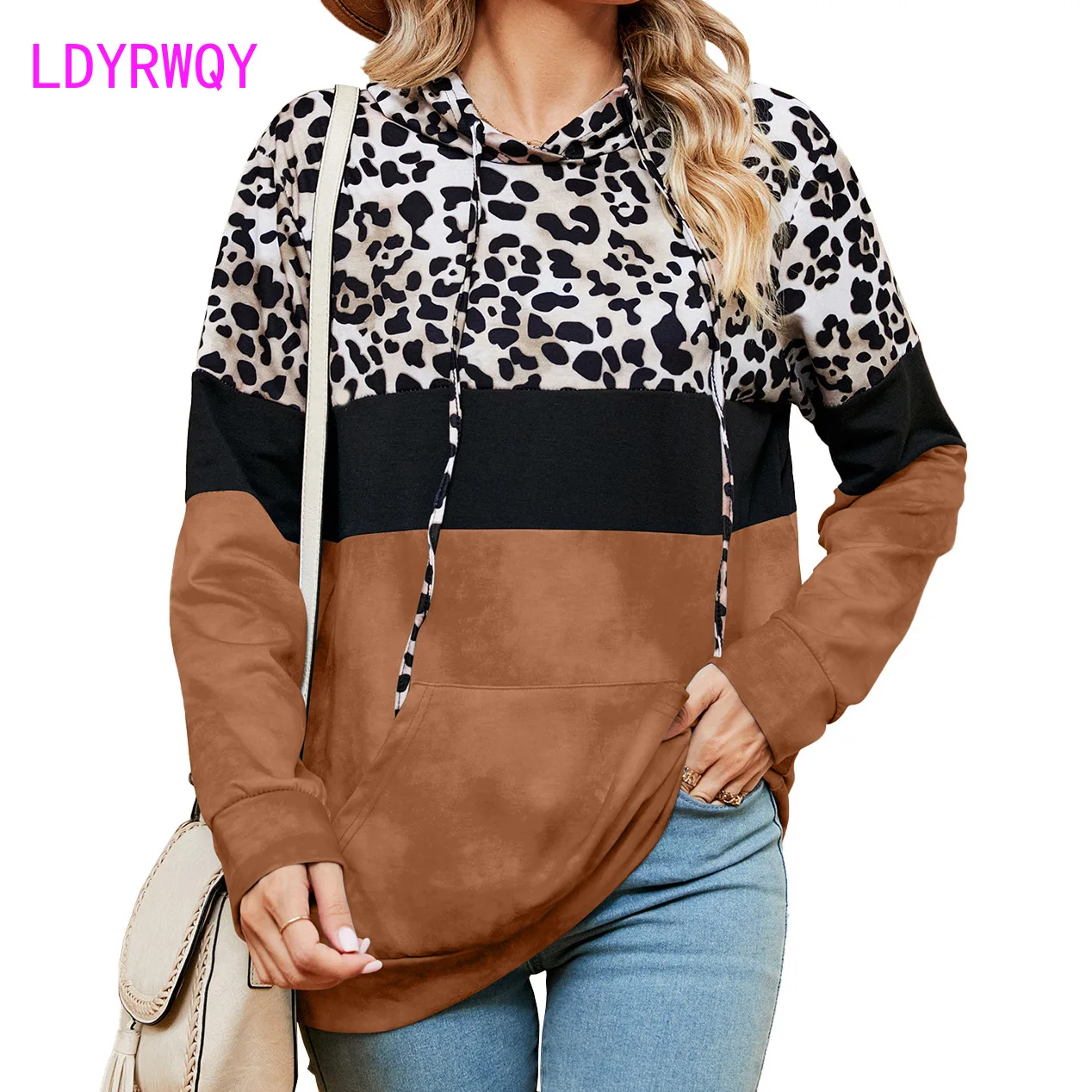 2023 Autumn/Winter New Leopard Pattern Contrast Panel Tie Dyed Pocket Long Sleeve Sweater for Women