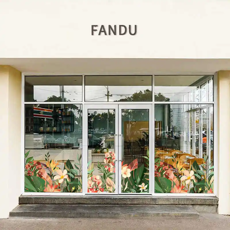 spring and summer flower clothing store window sliding door decoration scene layout glue free glass sticker window fi