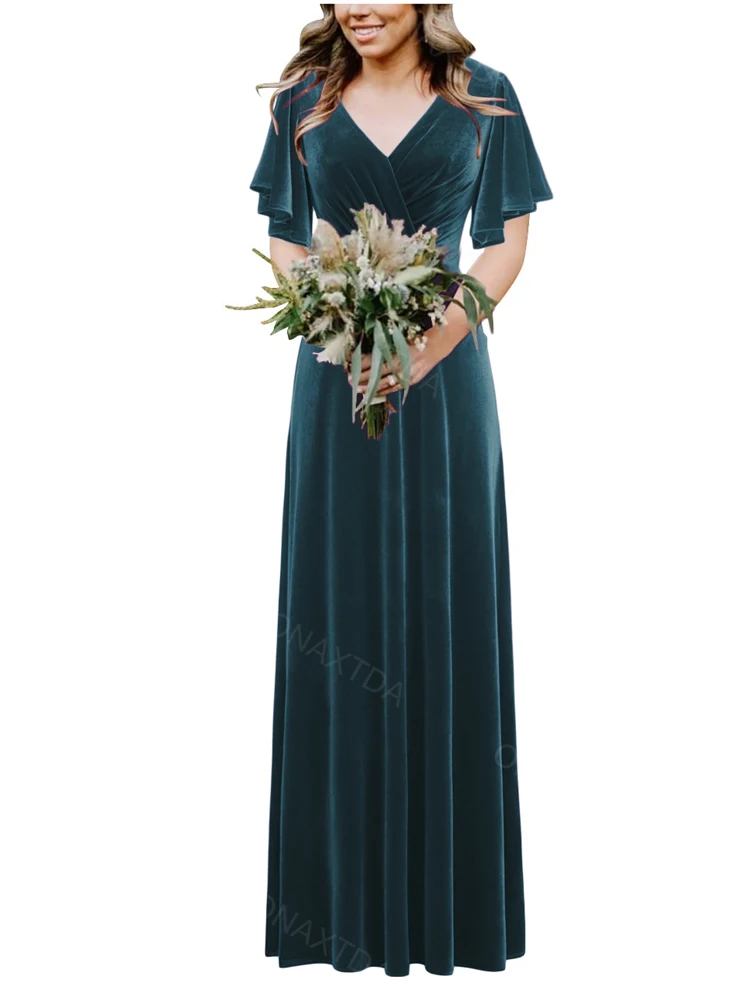 

Женское бархатное платье подружки невесты, длинное платье с V-образным вырезом, коротким рукавом, трапециевидной формы и рюшами, официальное вечернее праздничное платье, ON211