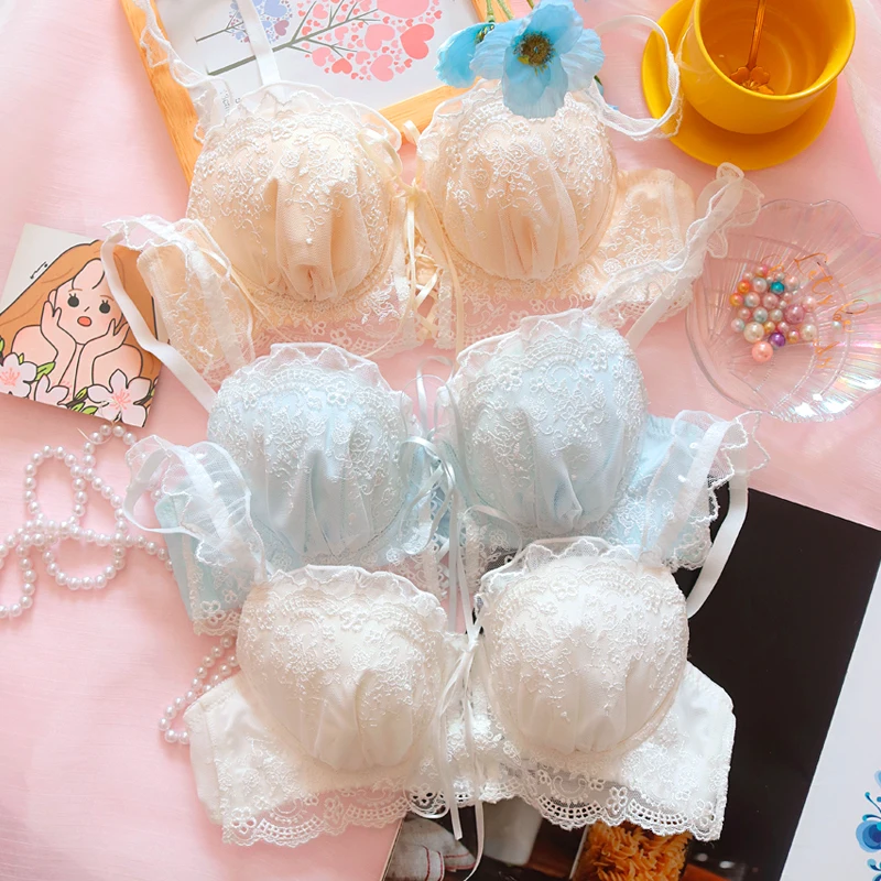 

Sweet Flower Wedding Princess Fairy Lolita Lace Up Panties Push Up Bra & Panties Lingerie Set Court Style Bow Underwear Set