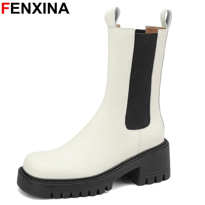 

FENXINA Size 34-41 Ins Hot Genuine Leather Chelsea Boots Slip On Square High Heels Ankle Boots Autumn Winter Ladies Modern Boots