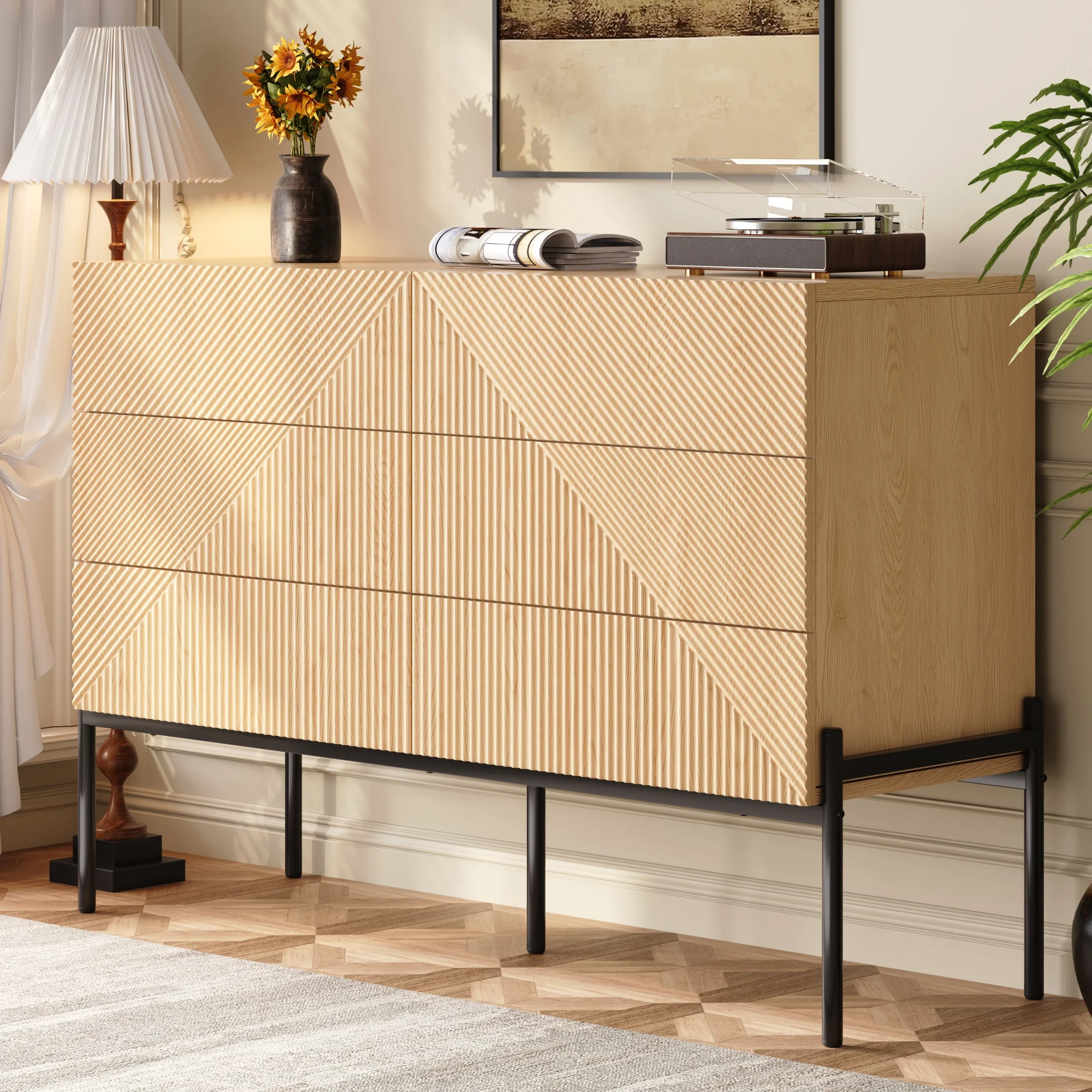 Sideboard, 3D-Textur, sechs Schubladen, geeignet für Wohn- und Esszimmer, multifunktionales Aufbewahrungsmöbel. – Detail 11
