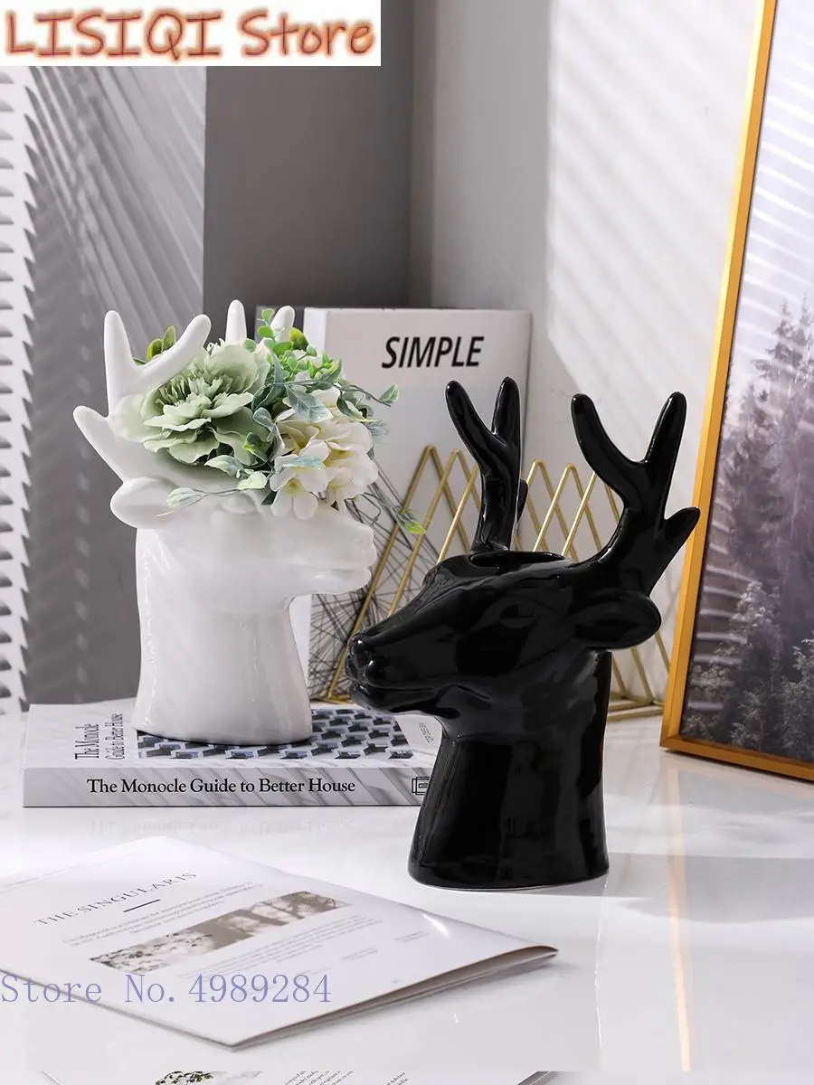 

New Creative Ceramic Vase Deer Head Elk Animal Head Simulation Animal Ceramic Crafts Flower Arrangement Flower Home Decoration