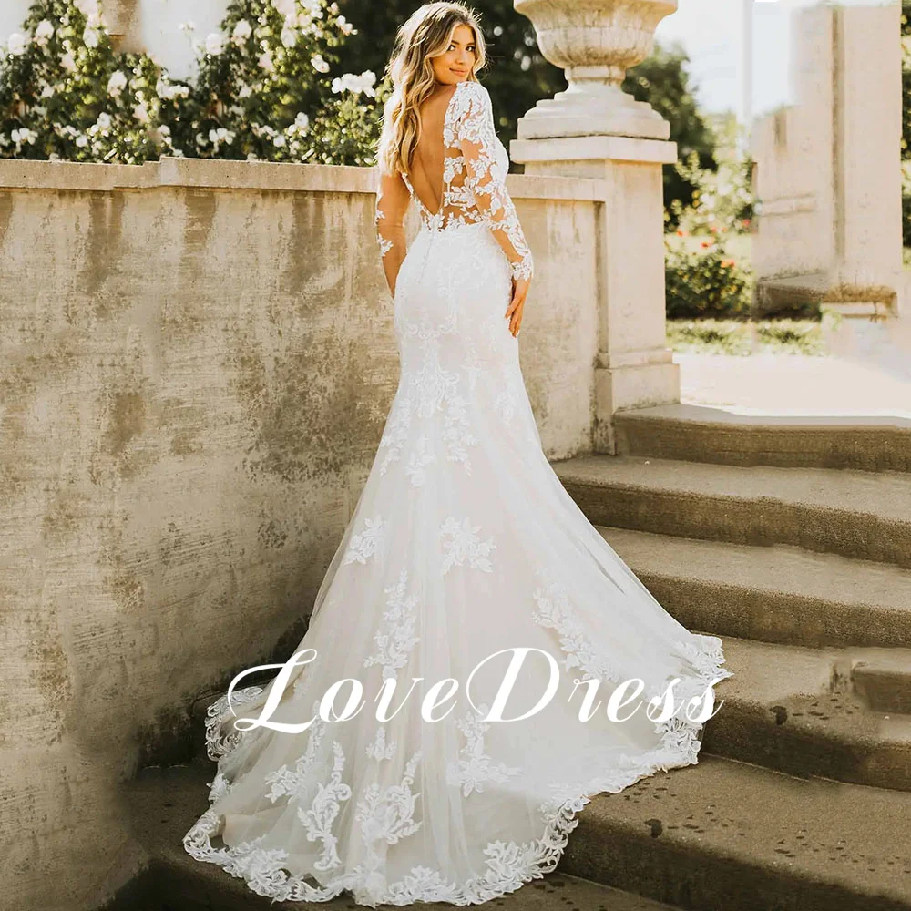 

#LD79 LoveDress V-Neck Wedding Dress Long Sleeve Lace Appliques Sexy Mermaid Bride Gown Illusion Backless Train Vestido De Novia