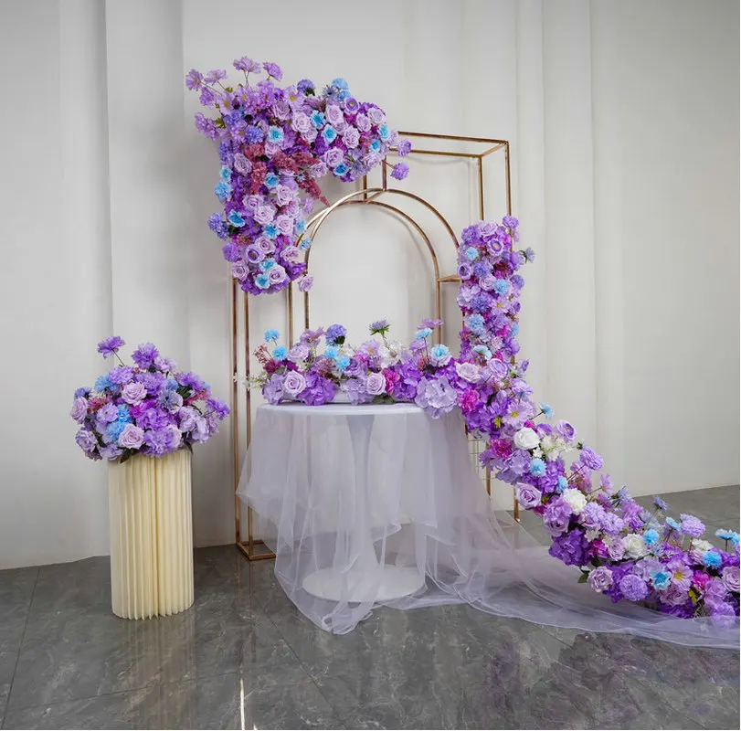 

Outdoor Wedding Backdrop Arch Decor Artificial Purple Blue Rose Delphinium Flower Row Arrangement Aisle Floor Floral Props