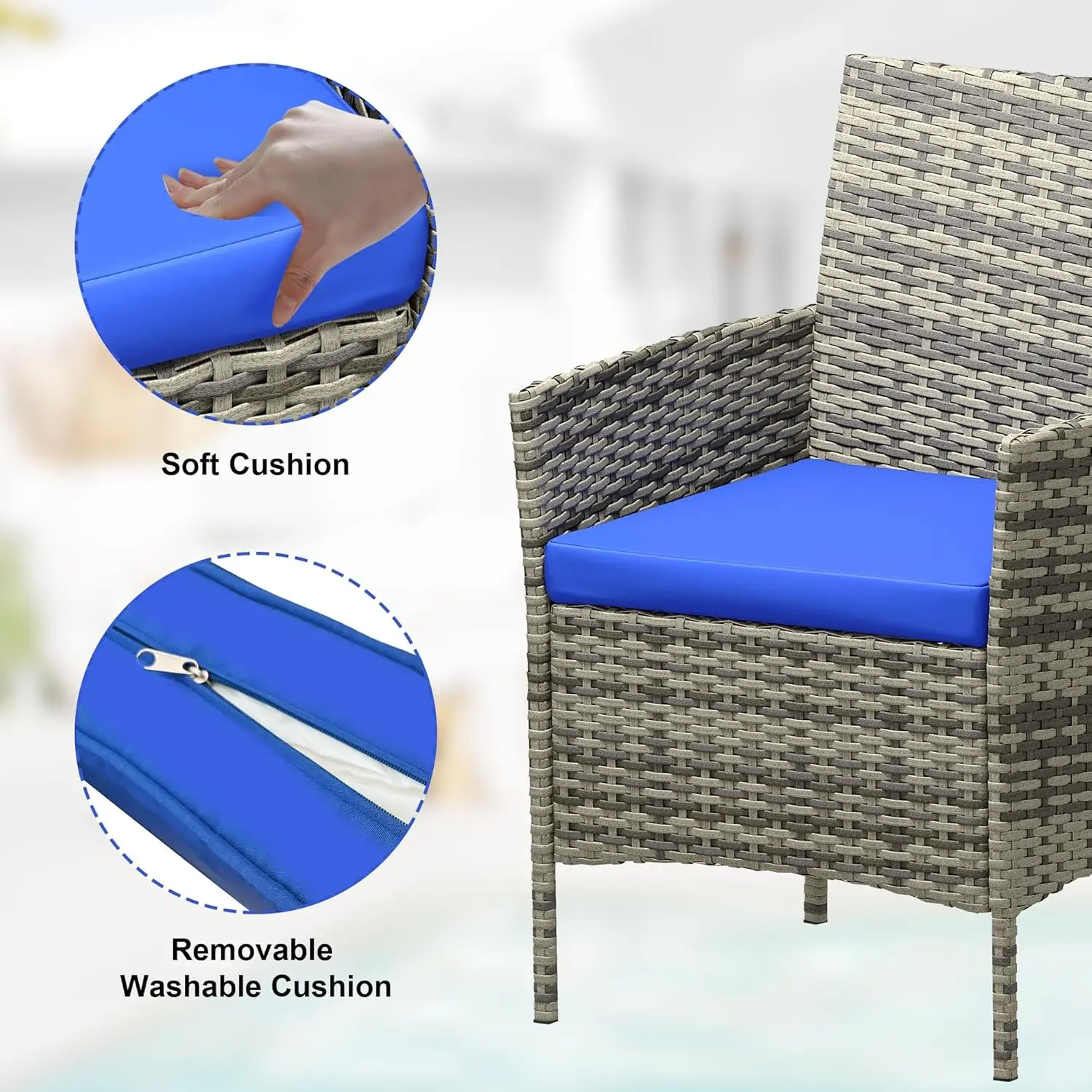 3-Piece Patio Set. All Weather Rattan. Soft Cushion. Glass Table. For Garden, Porch, Poolside. Grey & Blue.
