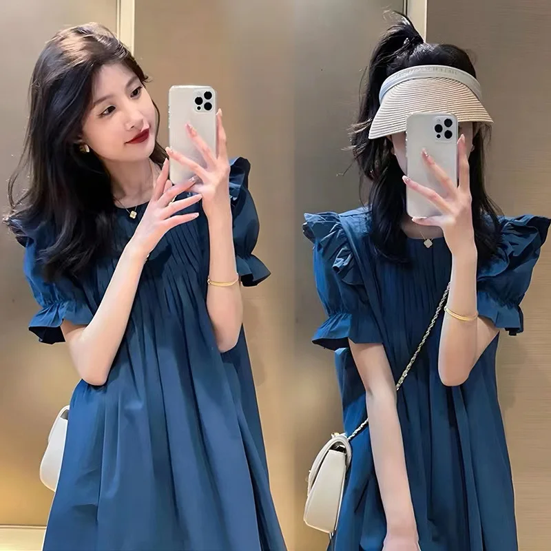 

2024 French Style Women Elegant Dress Plus Size Short Sleeve O-Neck High Waist A-Line Dress Long Loose Vestidos Summer Clothes